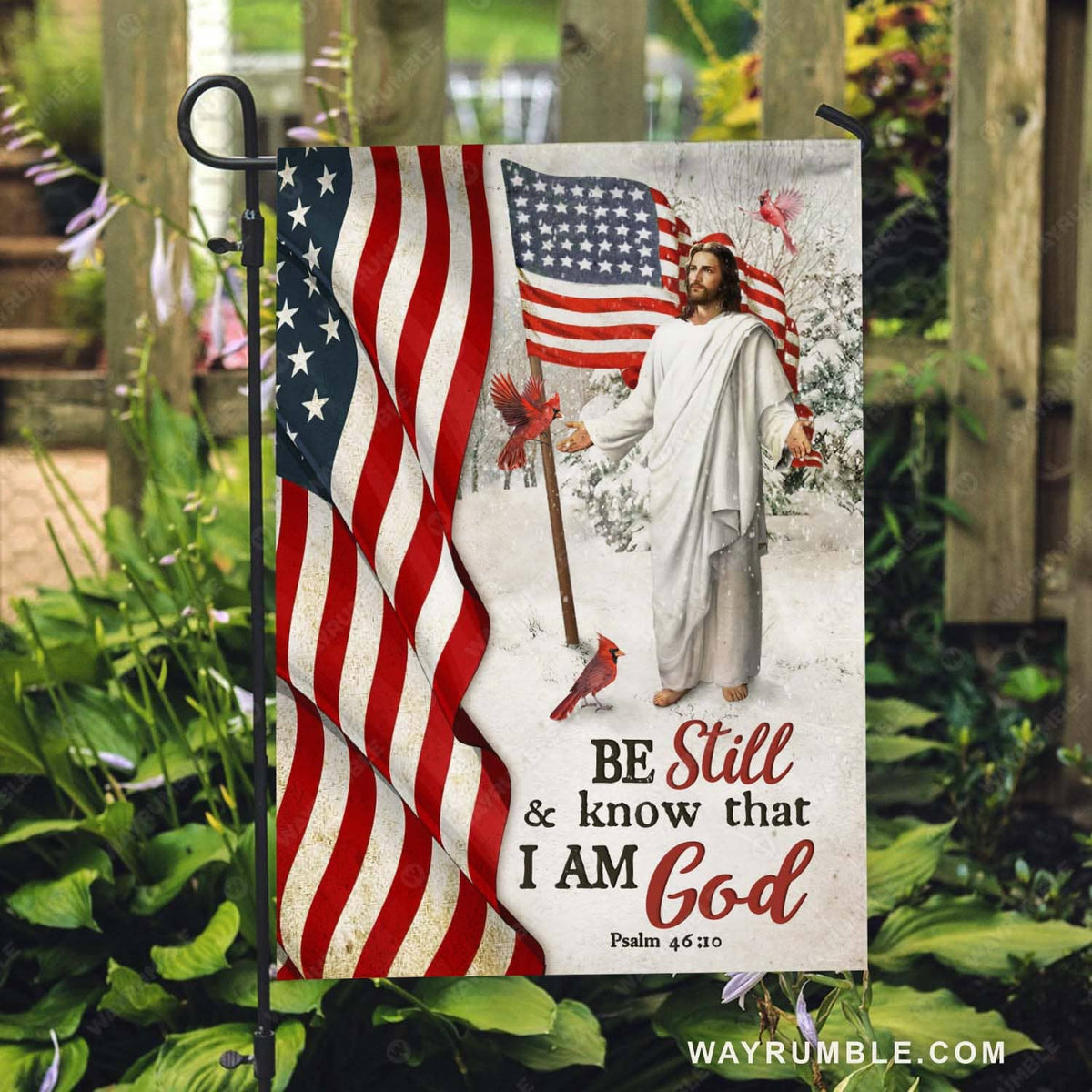 American flag, Red cardinal, Snow forest, Jesus painting, Be still &amp; know that I am God - Jesus Flag