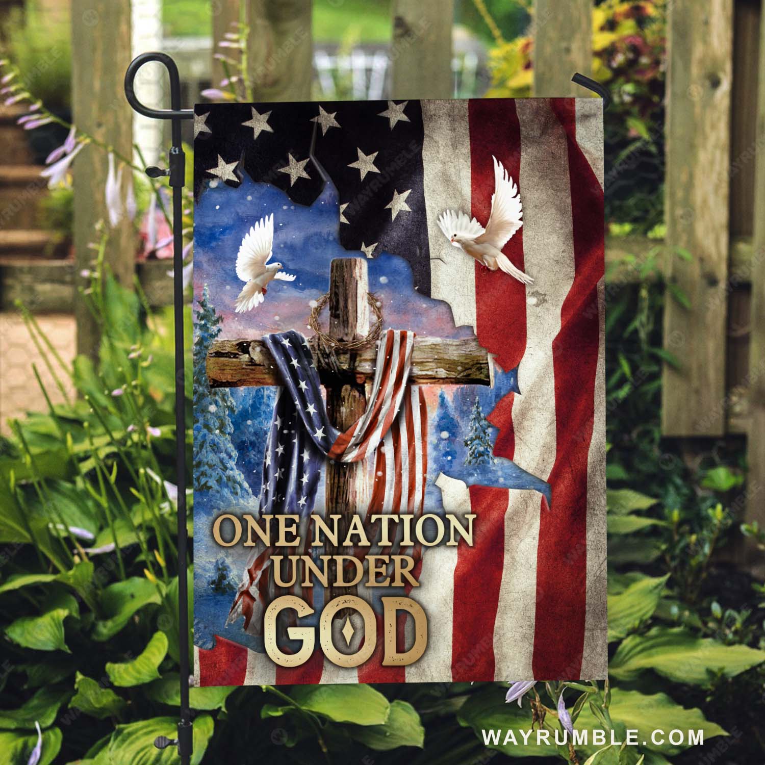 American flag, Holy spirit dove, Wooden cross, One nation under God - Jesus Flag