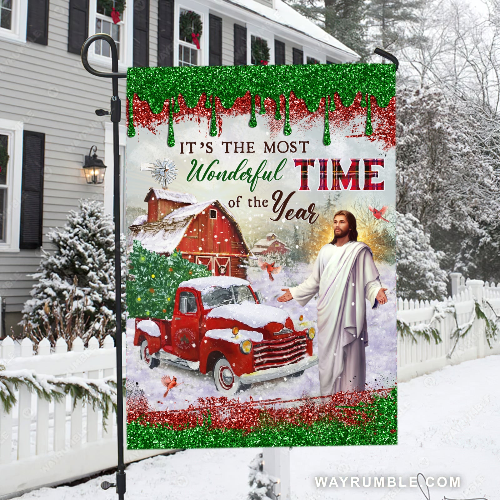 Jesus painting, Christmas vacation, Red truck, Snow on farm, It's the most wonderful time of the year - Jesus Flag