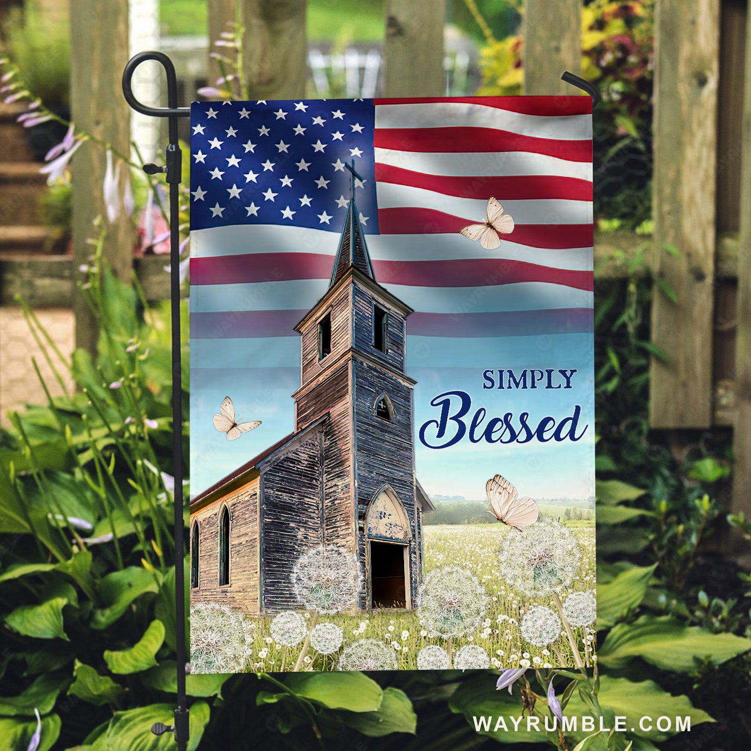 Antique church, Pretty dandelion field, White butterfly, US flag - Jesus Flag