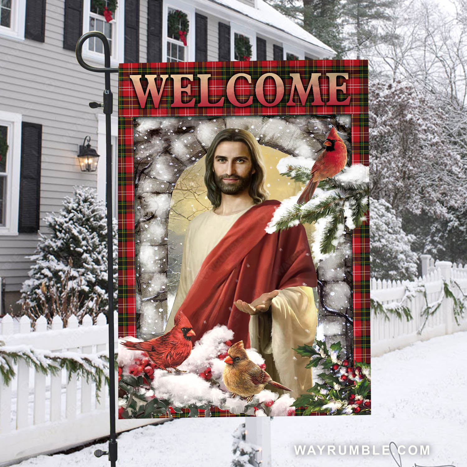 Jesus painting, Cardinal couple, Heavy snow, Cranberry tree, Welcome - Jesus Flag