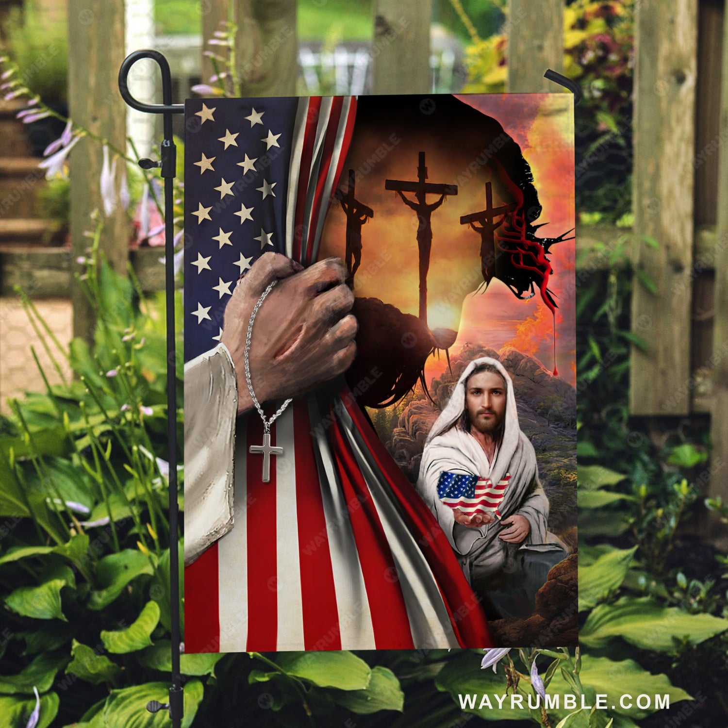 Great Jesus painting, Beautiful sunrise, American flag, Three men on Calvary's crosses - Jesus Flag