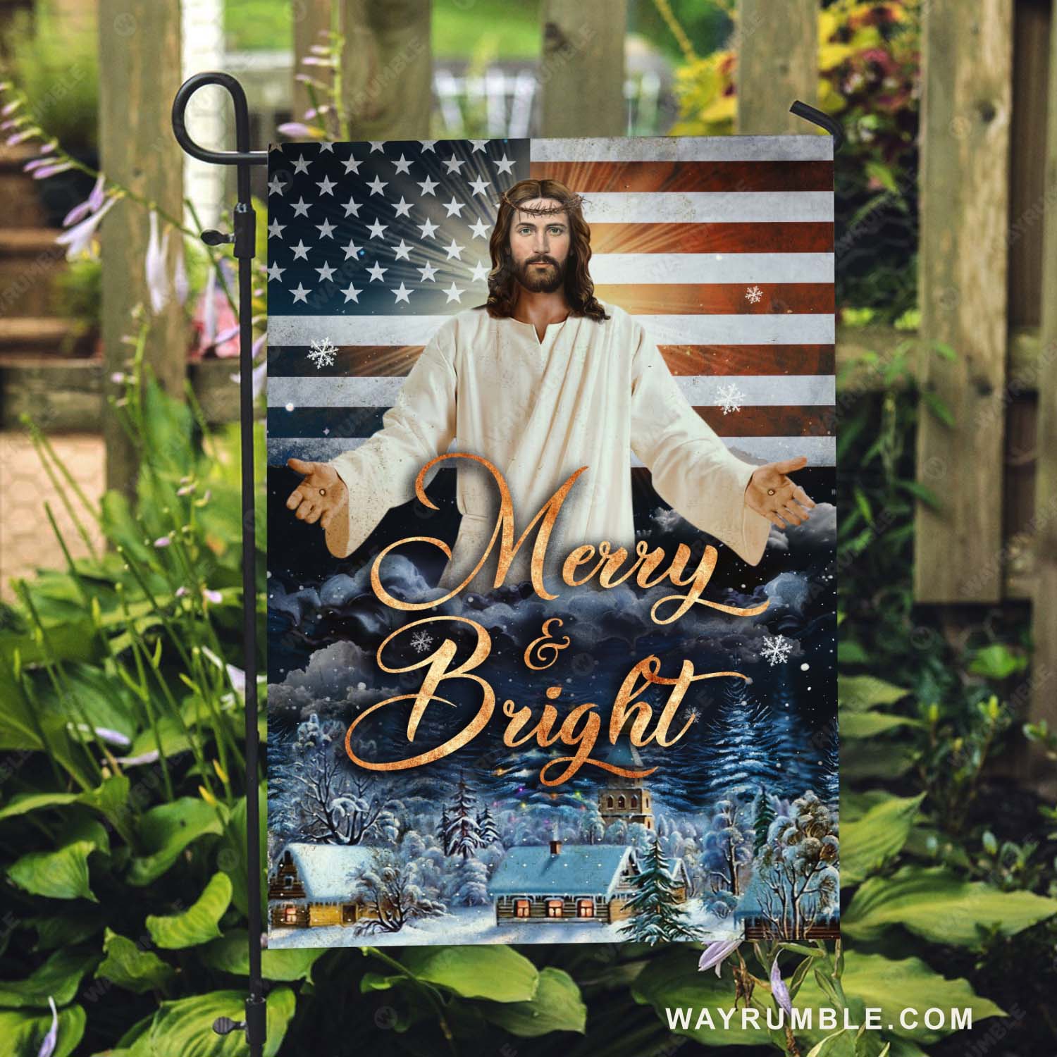Jesus painting, American flag, Snowy village, Merry and bright - Jesus Flag