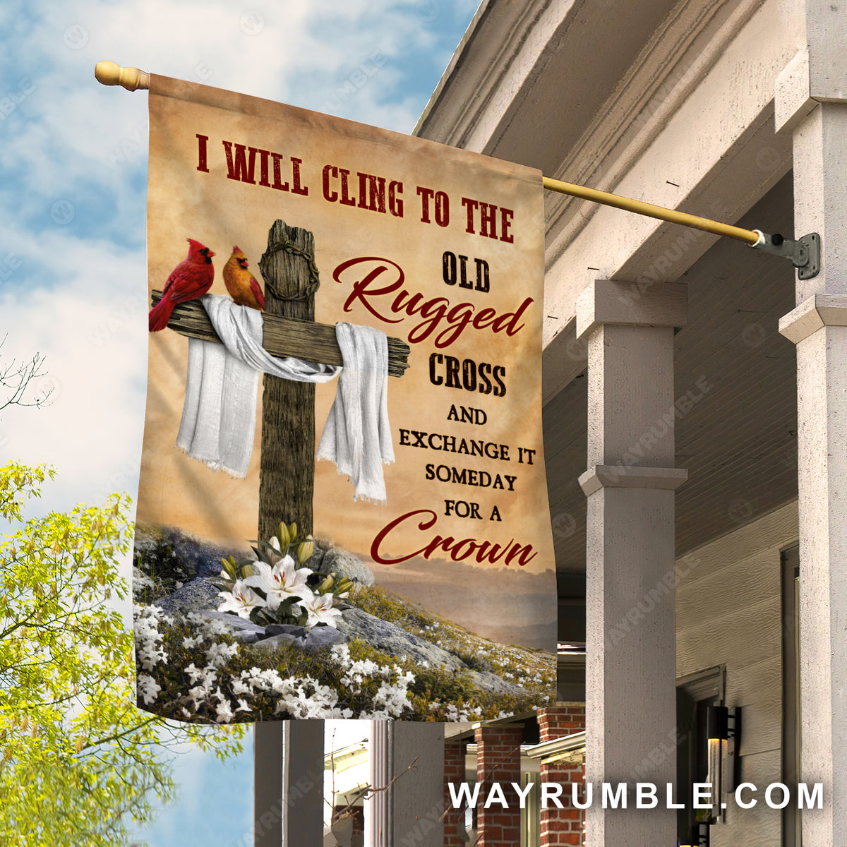 Wooden cross, Beautiful cardinal, Lily flower, I will cling to the old rugged cross - Jesus Flag