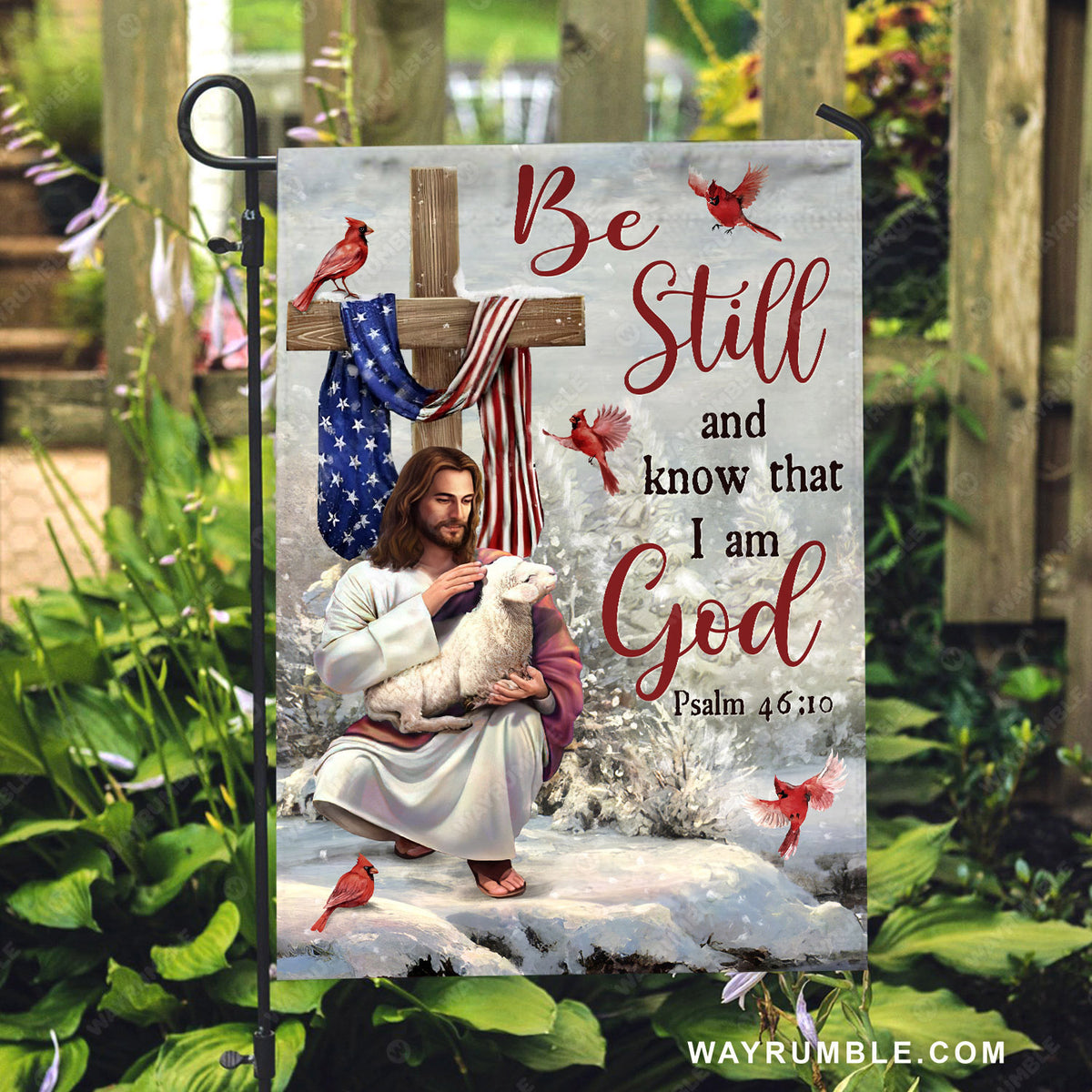 Jesus painting, Wooden cross, Winter season, Be still and know that I am God - Jesus Flag
