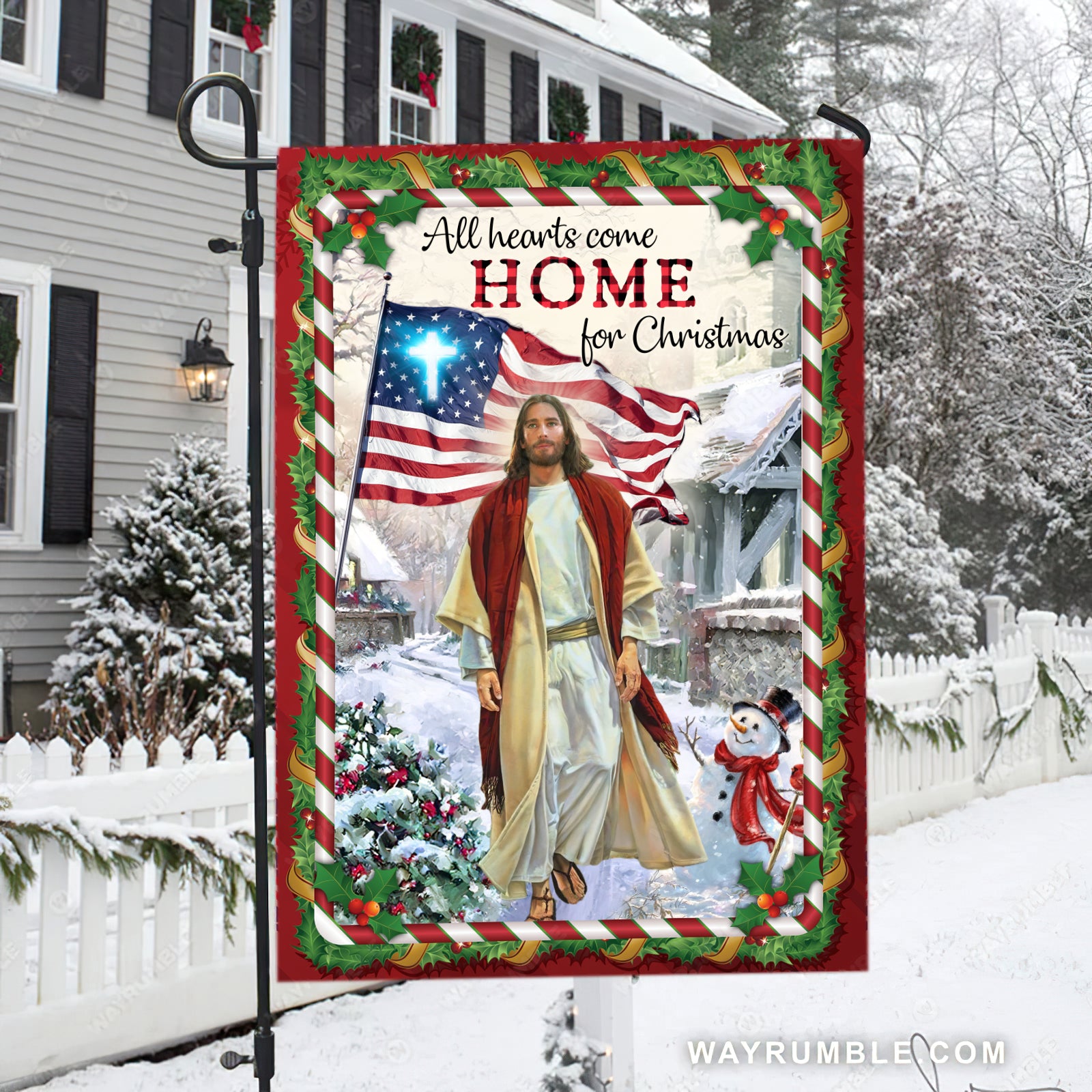 Jesus painting, American flag, Christmas vacation, Happy snowman, All hearts come home for Christmas - Jesus Flag