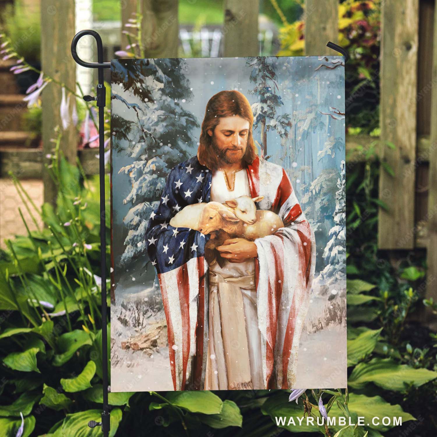 Jesus painting, Lamb of God, Winter season, American flag - Jesus Flag