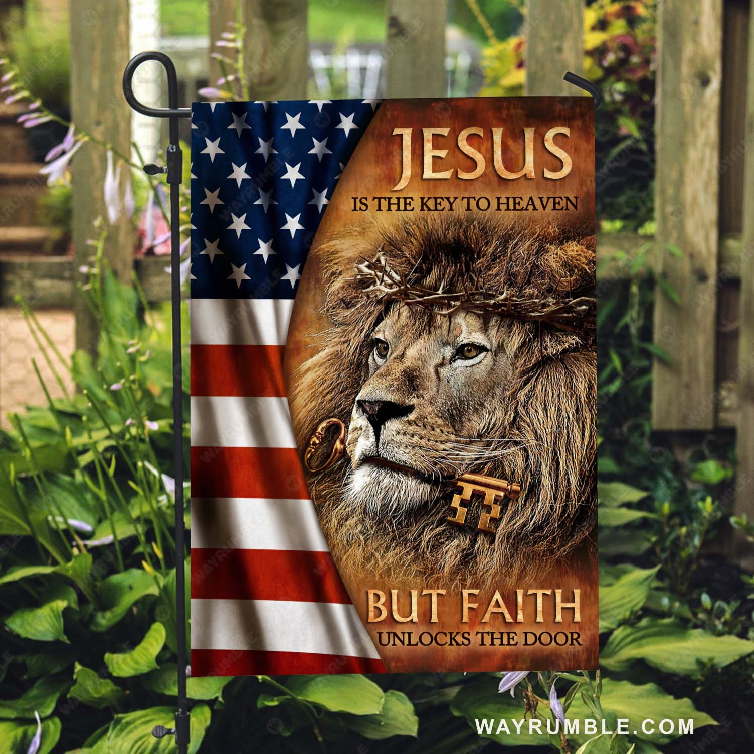 Lion of Judah, American flag, Antique key, Jesus is the key to heaven - Jesus Flag