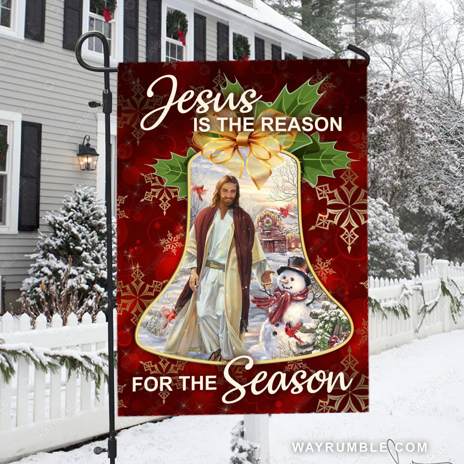 Jesus painting, Cute snowman, Amazing Christmas bell, Jesus is the reason for the season - Jesus Flag