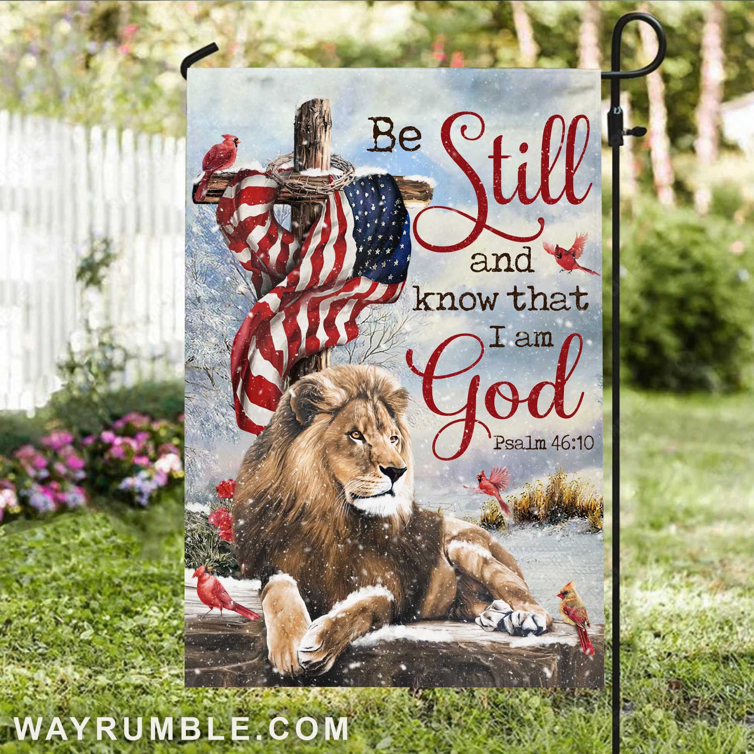 Lion of Judah, Wooden cross, Winter season, Be still and know that I am God - Jesus Flag