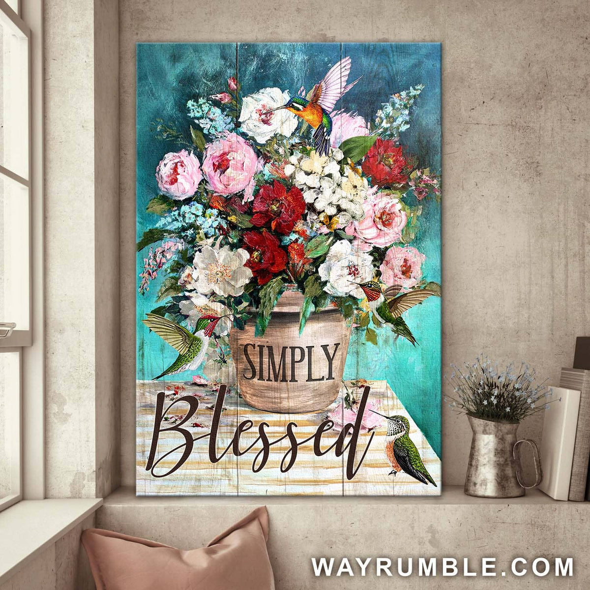 Flower vase, Hummingbird, Simply blessed - Jesus Portrait Canvas Prints, Wall Art