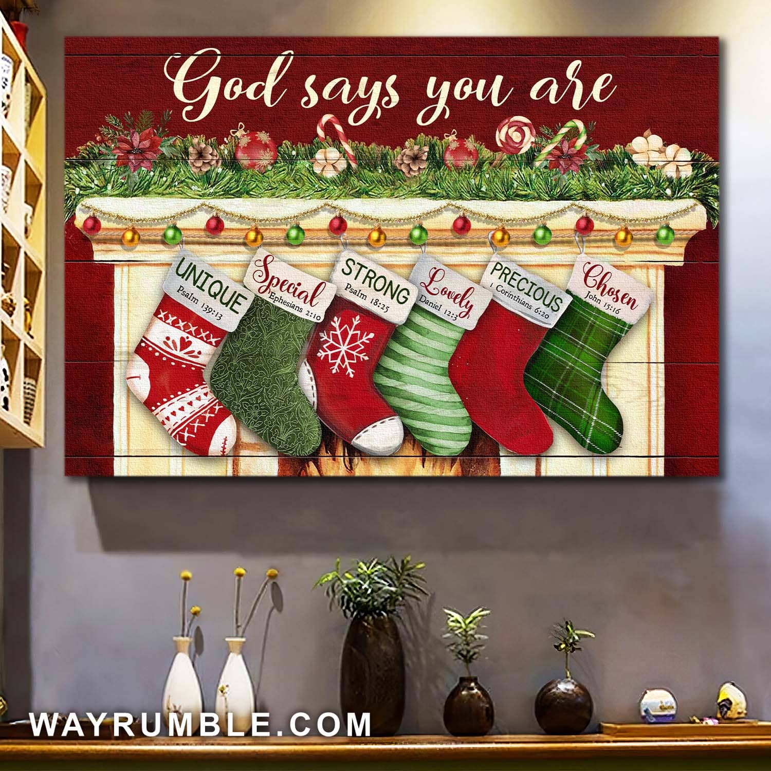Christmas socks, Fireplace, God says you are - Jesus Landscape Canvas Prints, Wall Art