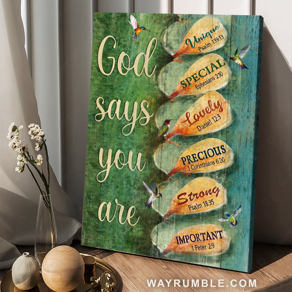 Hummingbirds, Cactus, God say you are unique and important - Jesus Portrait Canvas Prints, Wall Art