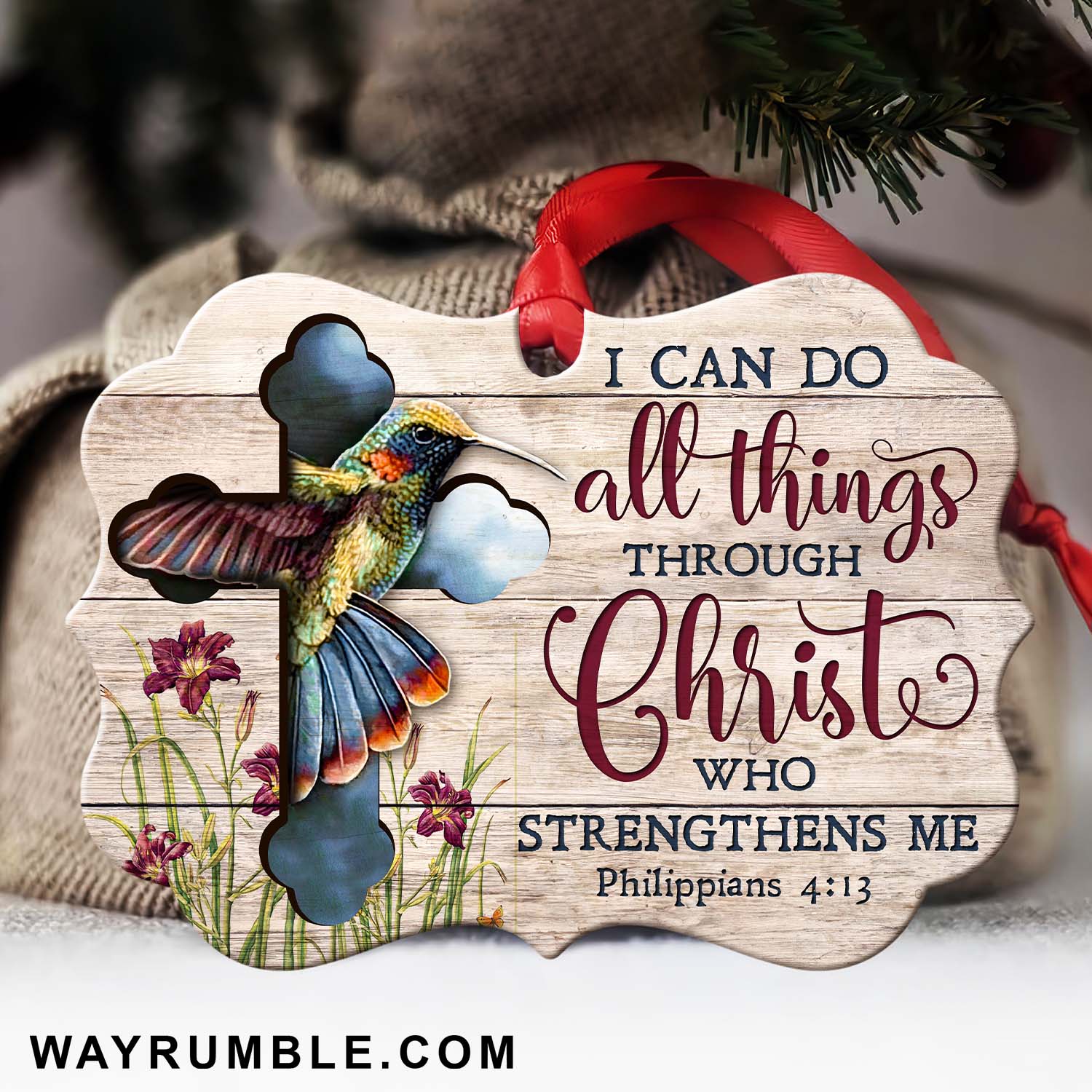 Hummingbird painting, The beautiful cross,  I can do all things through Christ - Jesus Aluminum Ornament