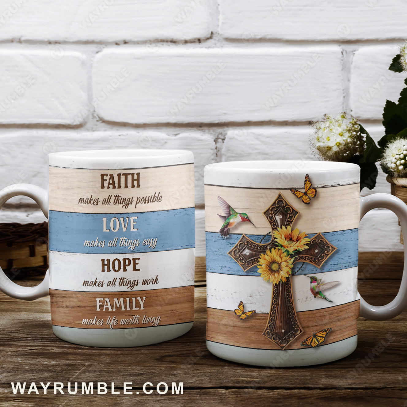 Hummingbird, Cross, Sunflower - Faith makes all things possible Jesus AOP Mug