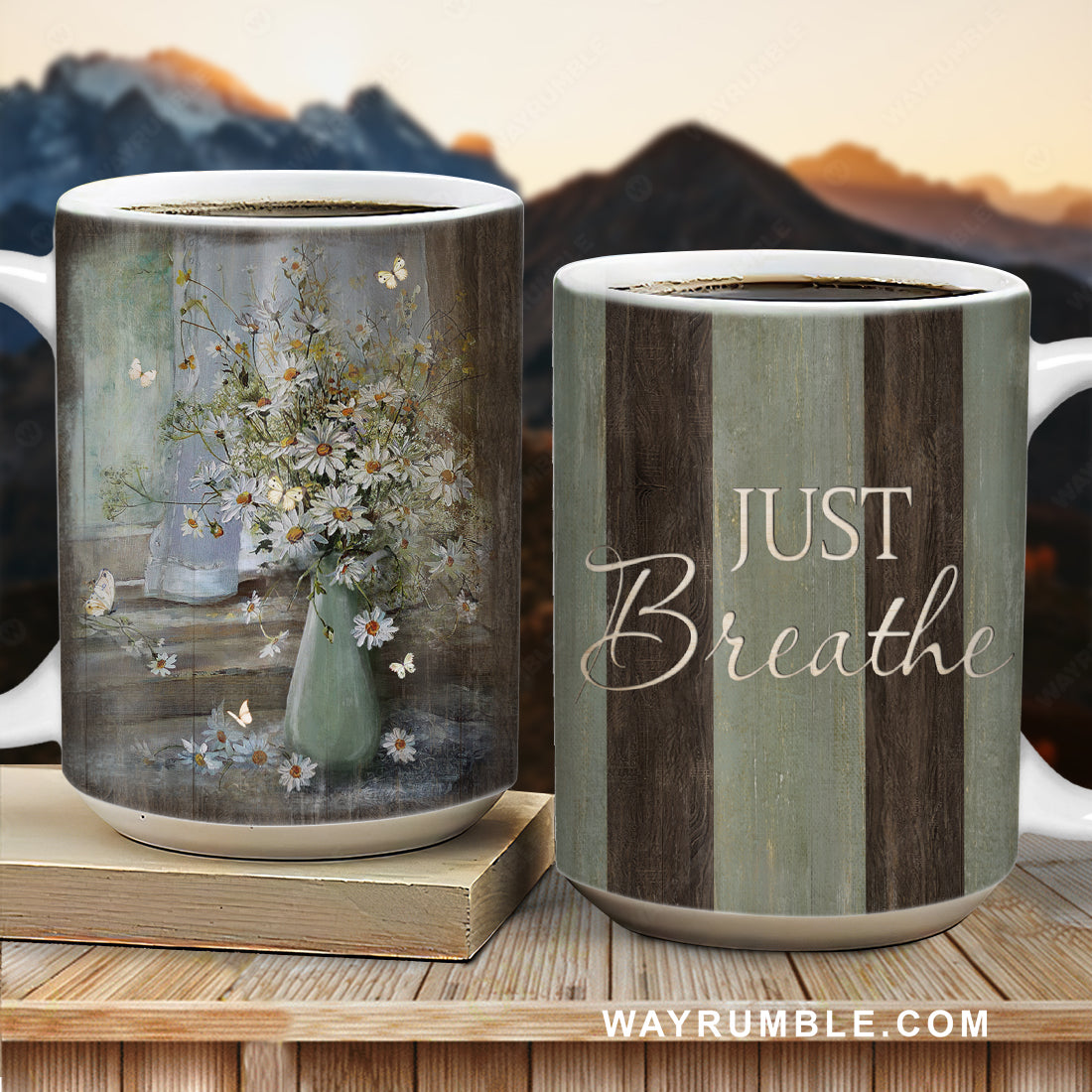 Daisy flower, White butterfly, Antique window, Just breathe - Jesus AOP Mug