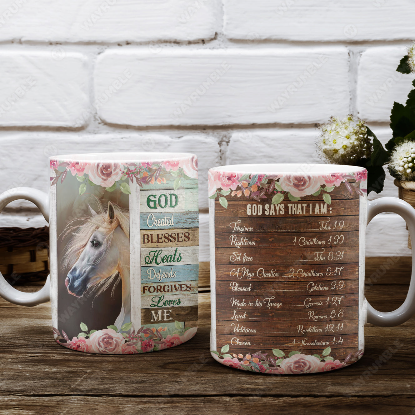 Horse, Flower, Bible - God created, blesses, heals, forgives, loves me Jesus AOP Mug