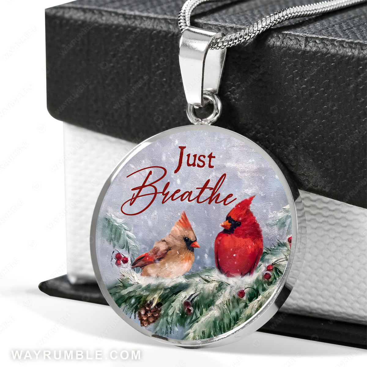 Beautiful cardinal, Pine cone drawing, Winter forest, Just breathe - Jesus Circle Necklace
