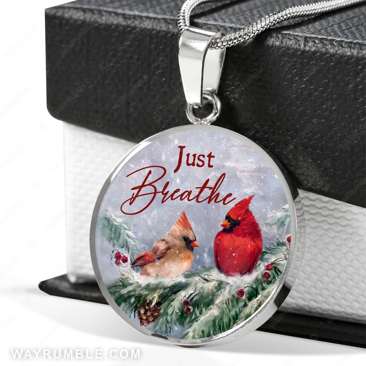 Beautiful cardinal, Pine cone drawing, Winter forest, Just breathe - Jesus Circle Necklace