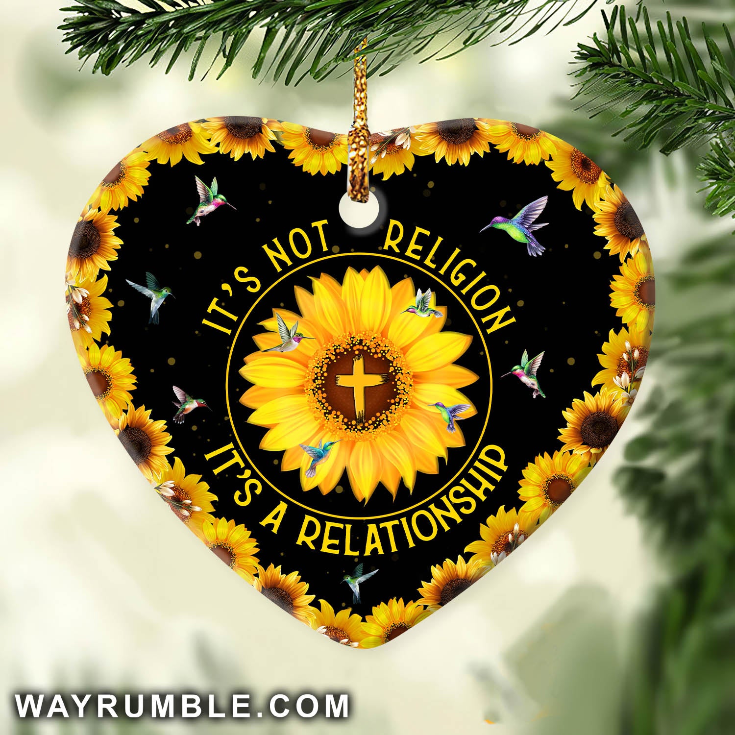 Sunflower pattern, Colorful hummingbird, It's not religion, it's a relationship - Jesus Heart Ceramic Ornament