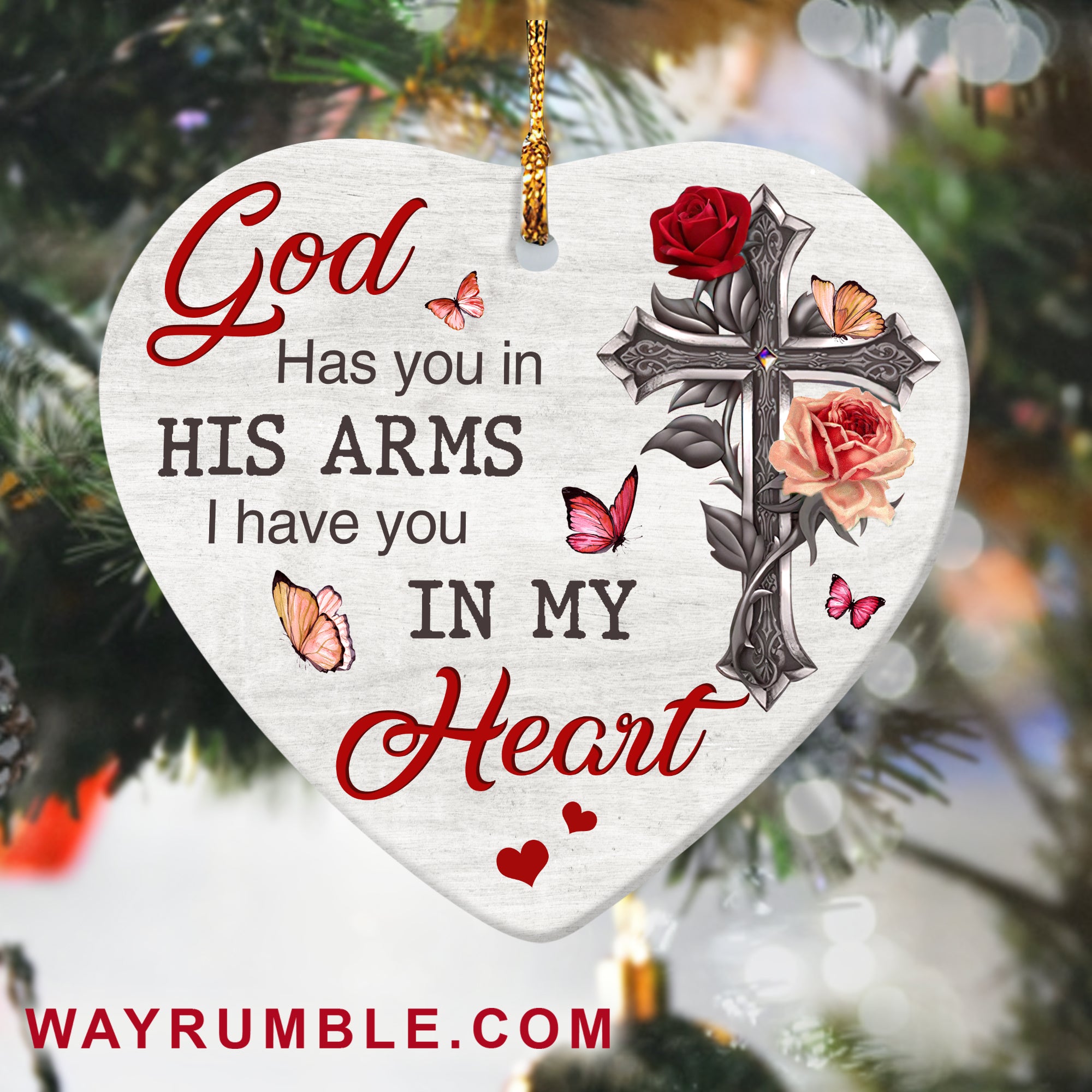Jesus - Cross with rose - Jesus has you in his arm - Heart Ceramic Ornament