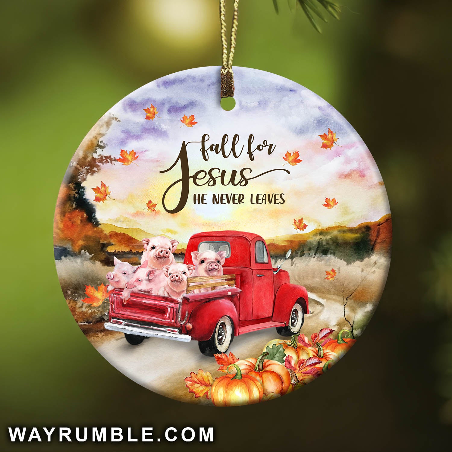 Jesus - Red truck with pigs - Fall for Jesus He never leaves - Circle Ceramic Ornament