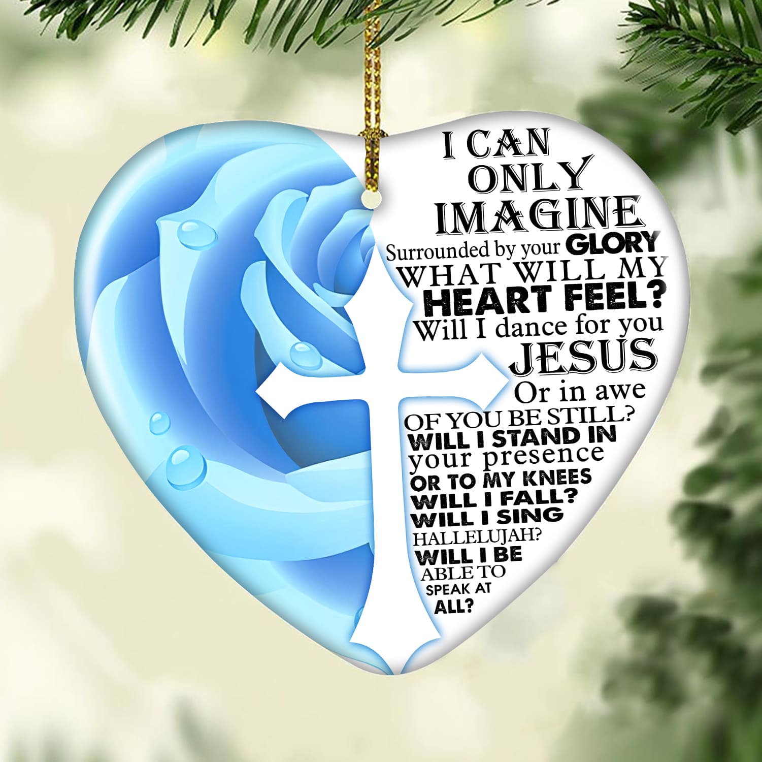 Jesus - Half rose with cross - I can only imagine - Ceramic Heart Ornament