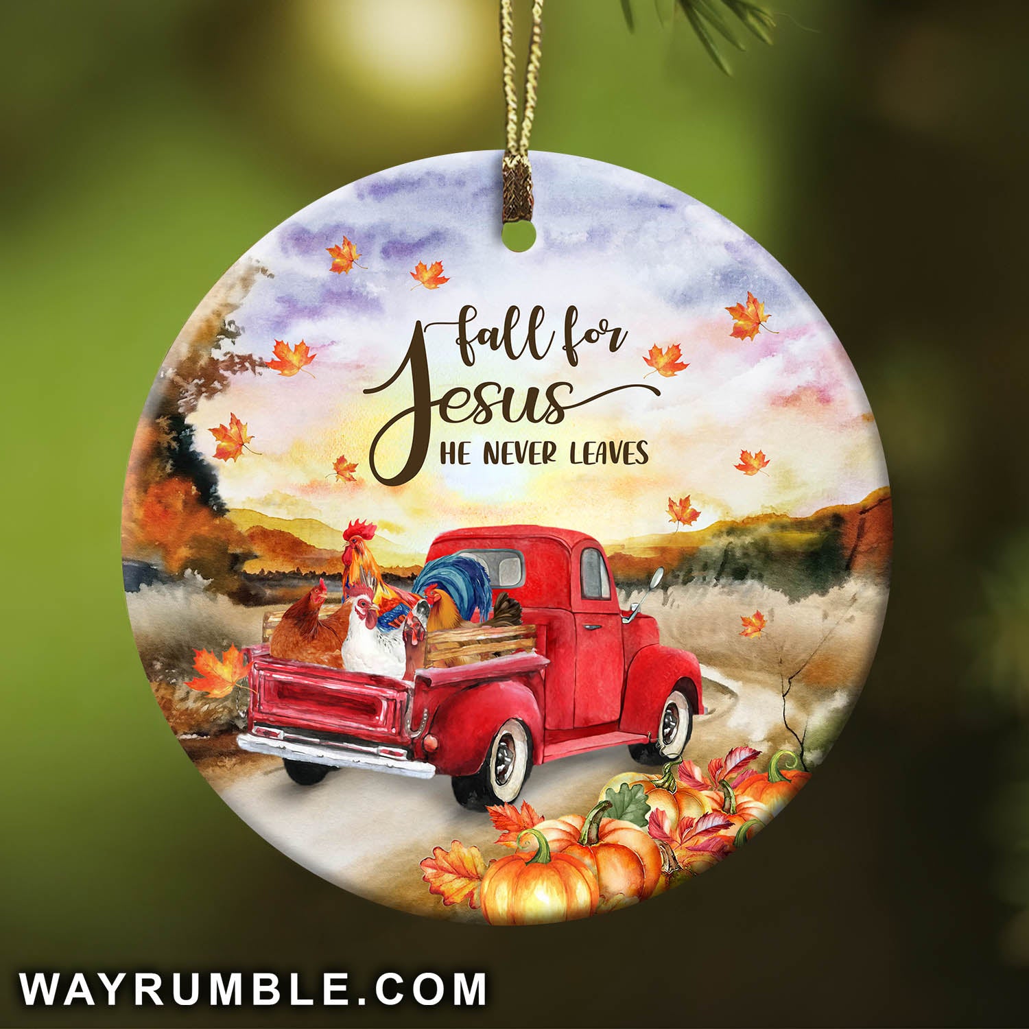 Jesus - Red truck with chickens - Fall for Jesus He never leaves - Circle Ceramic Ornament