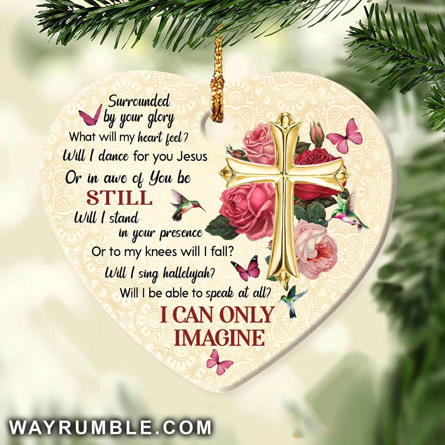 Vintage cross, rose flower, I can only imagine - Jesus Heart Ceramic Ornament