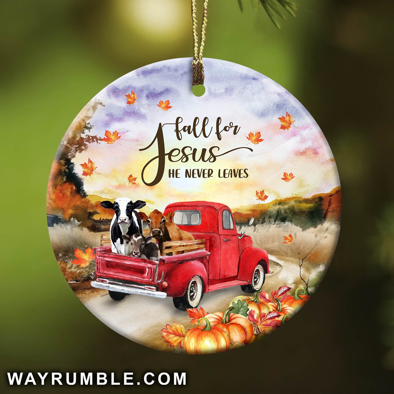Jesus - Red truck with cattle - Fall for Jesus He never leaves - Circle Ceramic Ornament