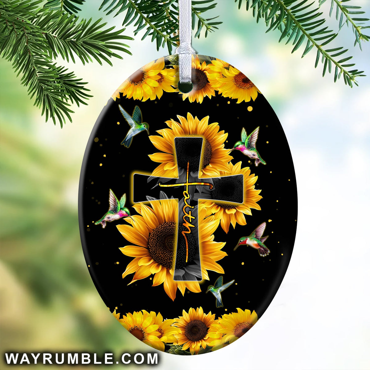 Jesus - Sunflower and cross - Faith - Oval Ceramic Ornament