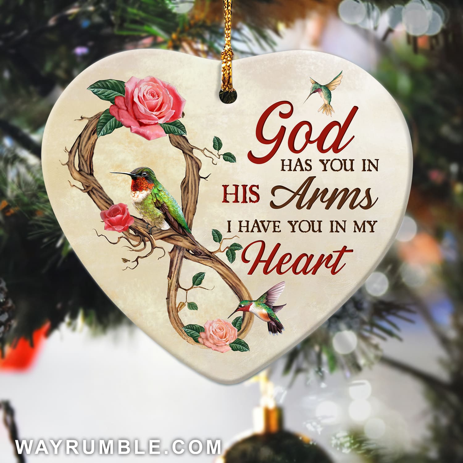 Jesus - Hummingbird - God has you in his arm  - Heart Ceramic Ornament