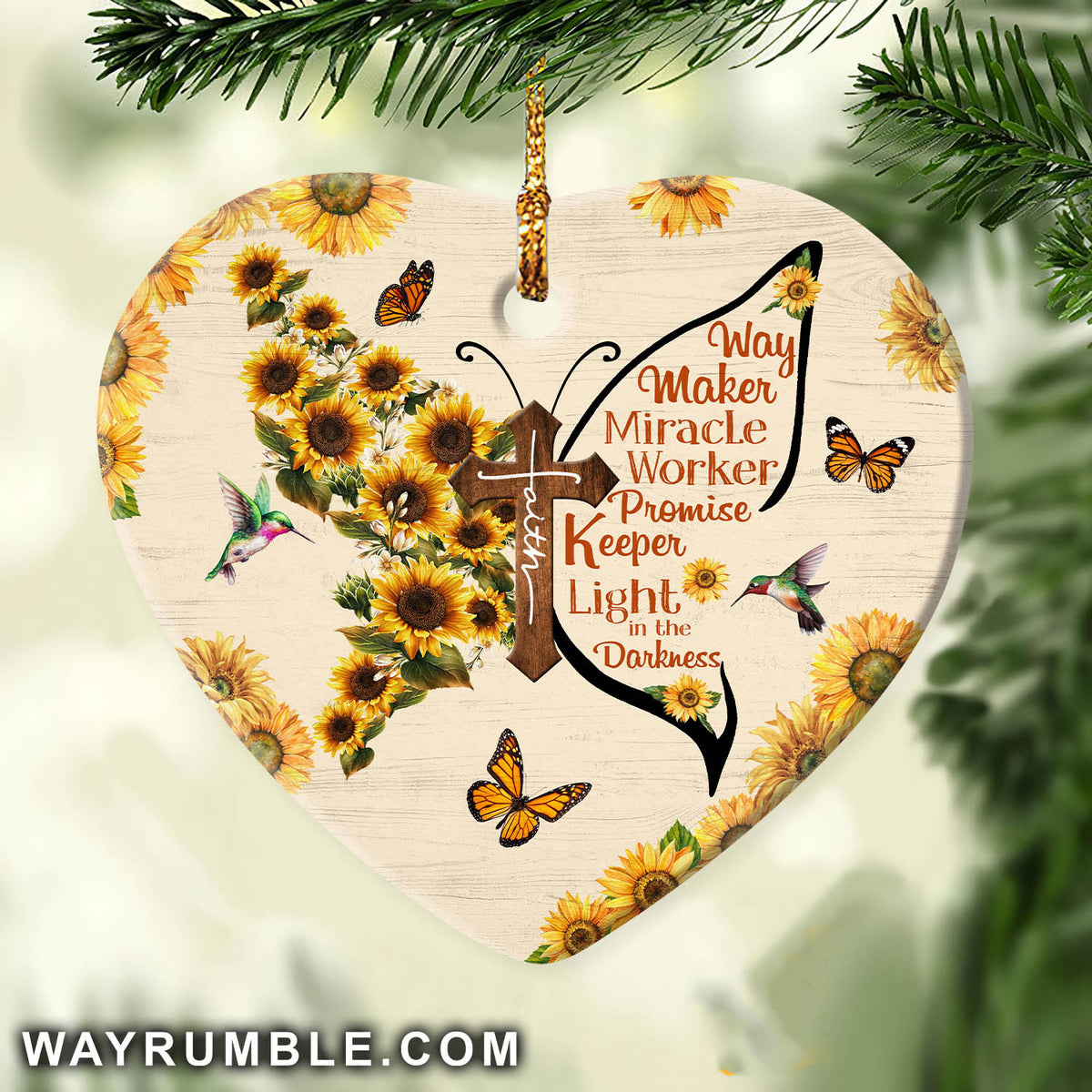 Jesus - Faith cross with sunflower - Way maker, miracle worker, promise keeper, light in the darkness - Heart Ceramic Ornament