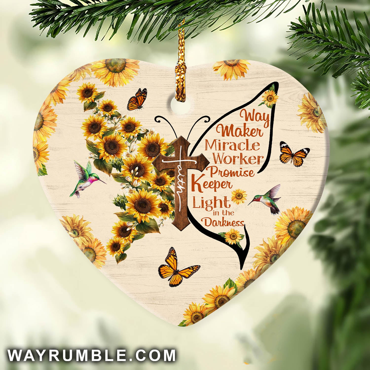 Jesus - Faith cross with sunflower - Way maker, miracle worker, promise keeper, light in the darkness - Heart Ceramic Ornament