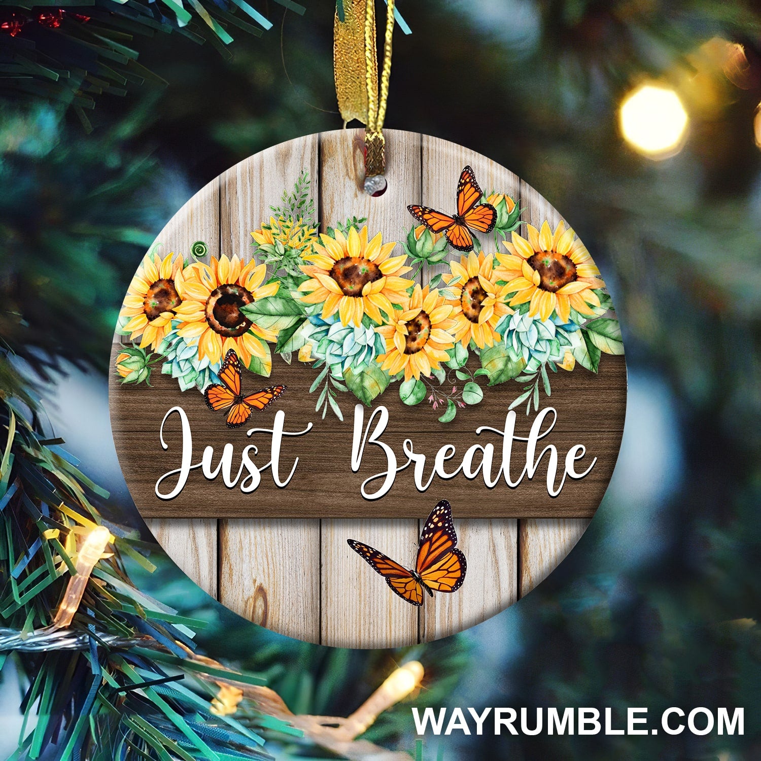 Sunflower and butterfly - Just breathe Jesus Circle Ceramic Ornament