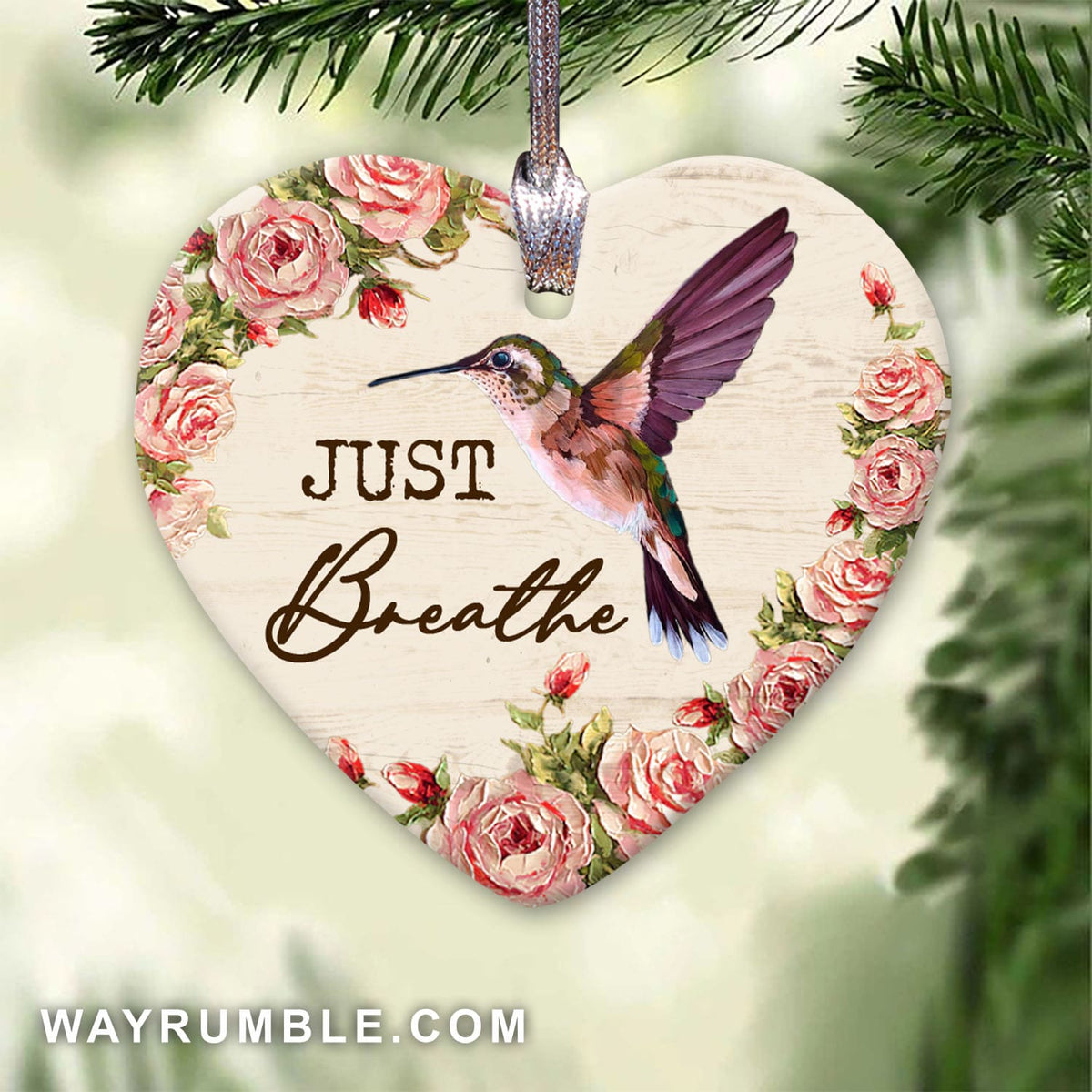 Jesus, Hummingbird, Red roses - Just breathe Heart Ceramic Ornament