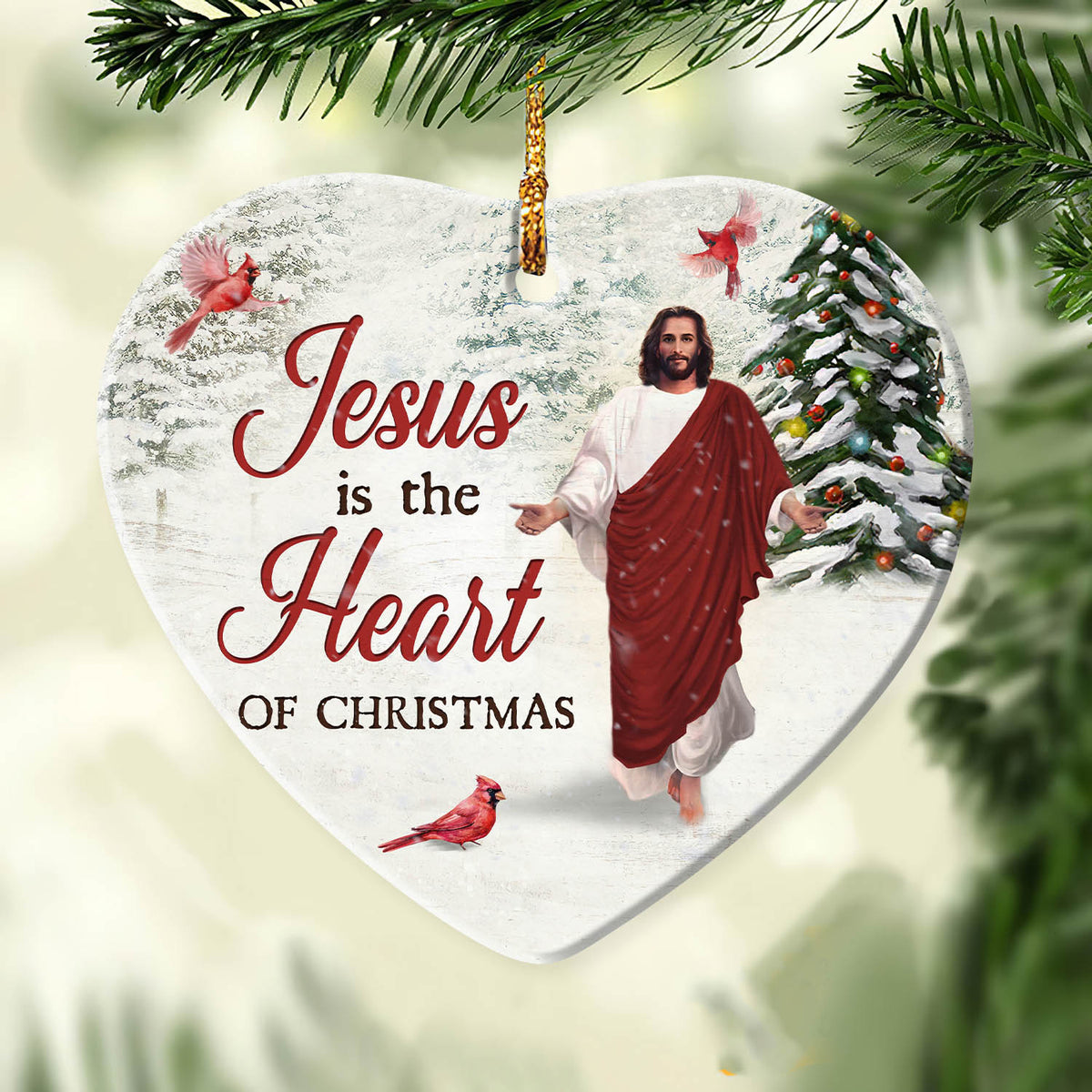 Jesus - Jesus with walking on snow - Jesus is a heart of Christmas - Heart Ceramic Ornament