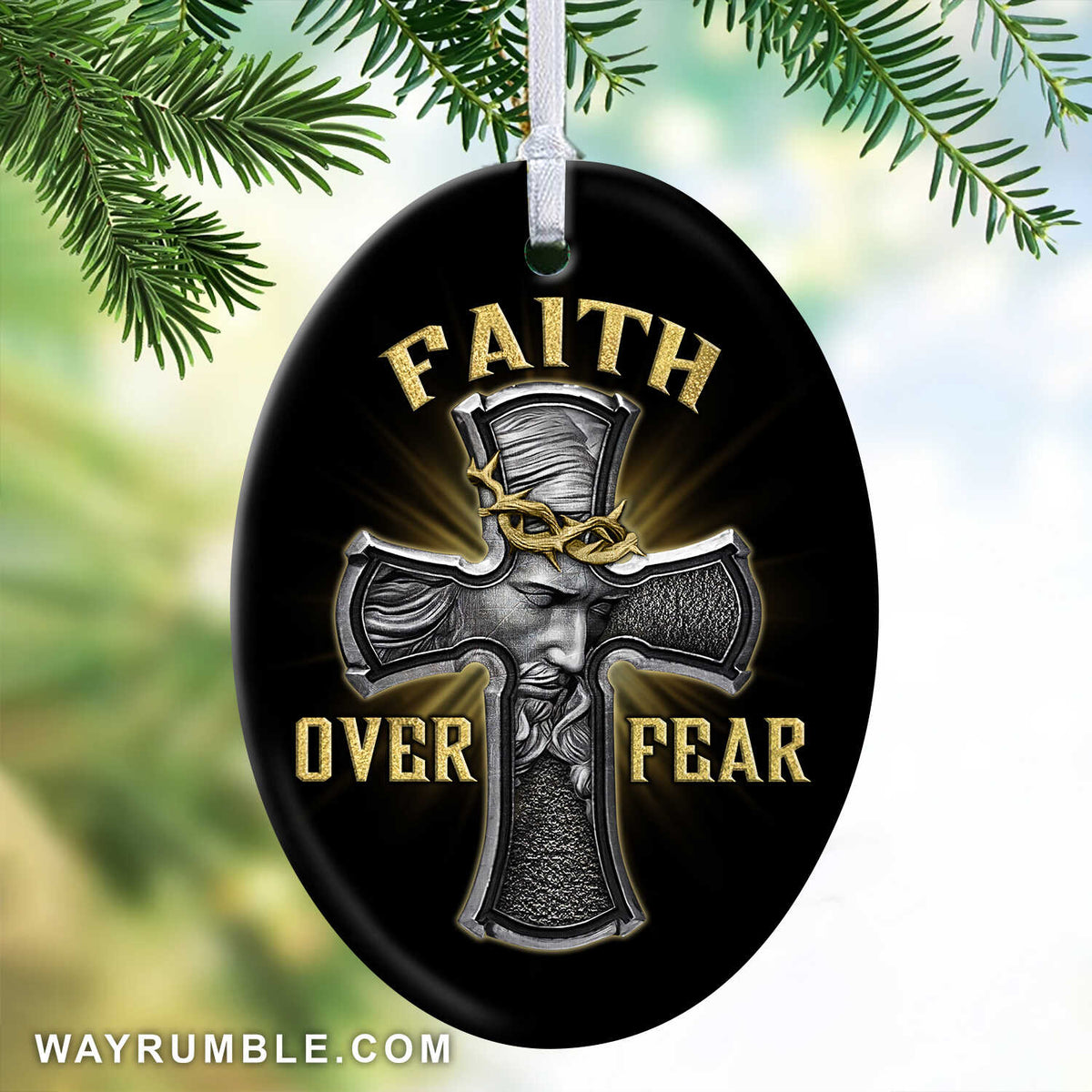 Jesus - Cross - Faith over fear - Oval Ceramic Ornament