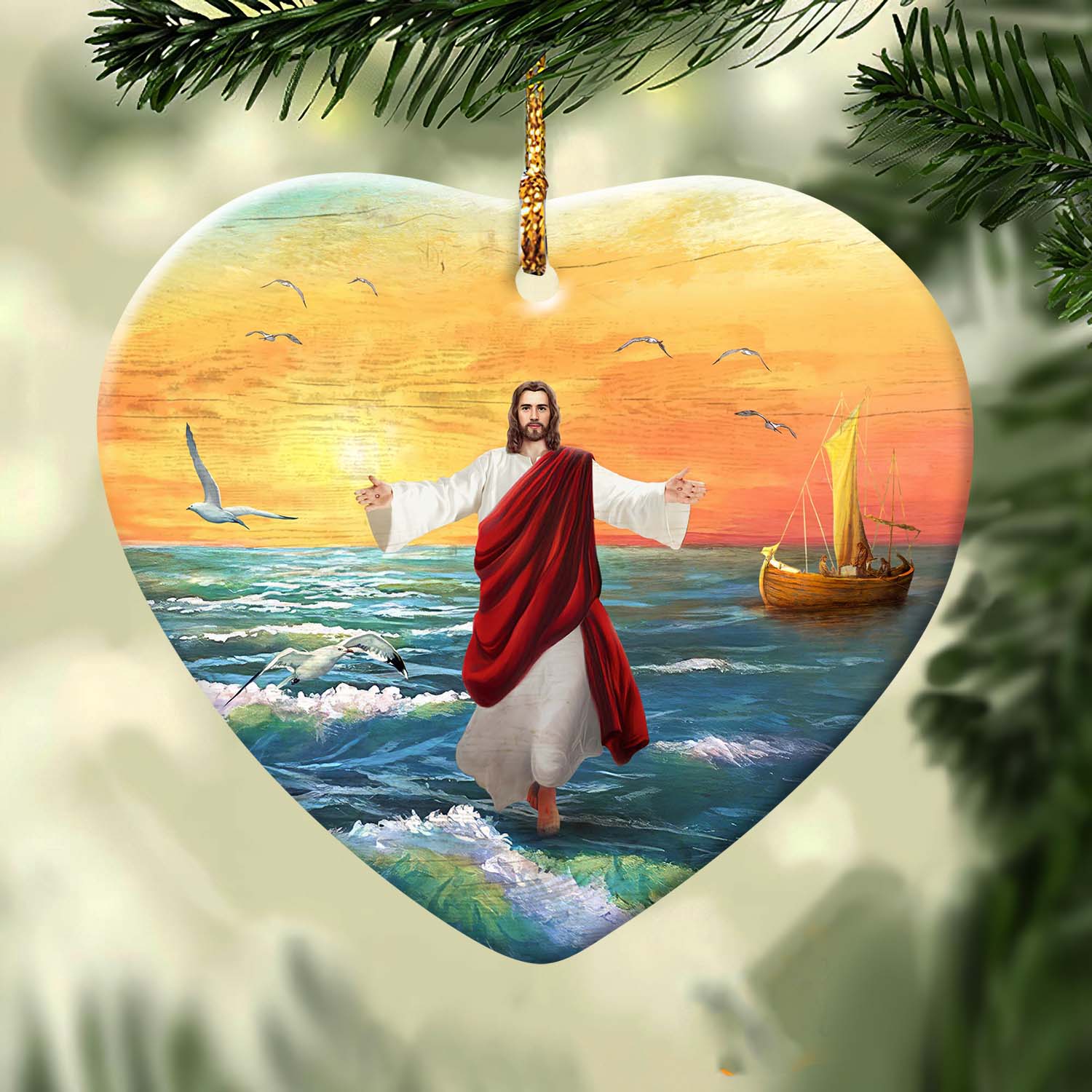 Jesus is light, my savior, Jesus walks on the water, Sunset on the sea - Jesus Heart ceramic Ornament