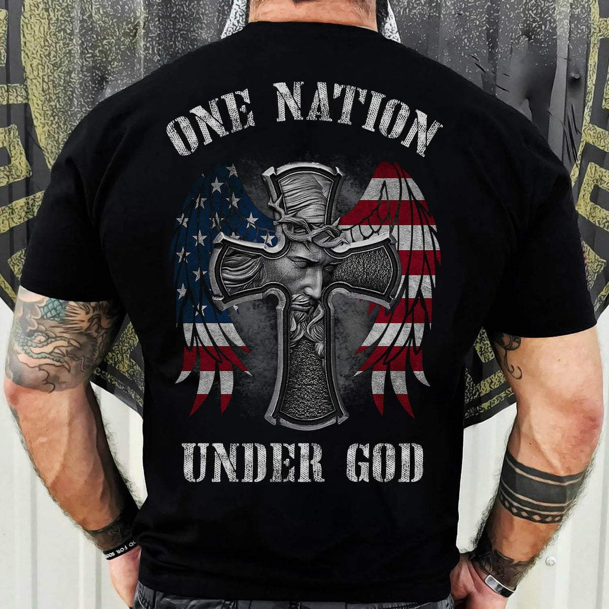 Jesus - Cross with U.S flag wing - One nation under God - Back-printed Black Apparel