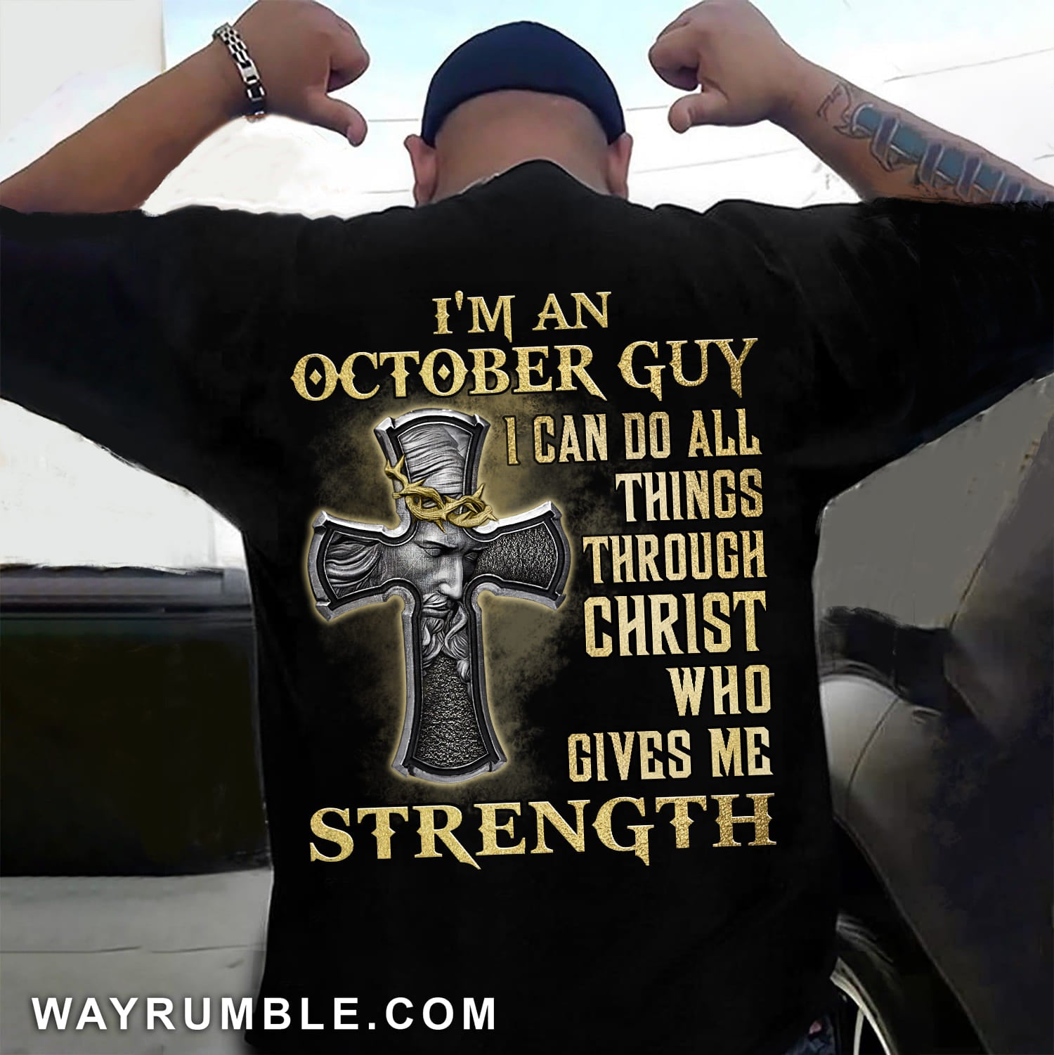 Jesus with cross - I'm a October guy - Back-printed Apparel
