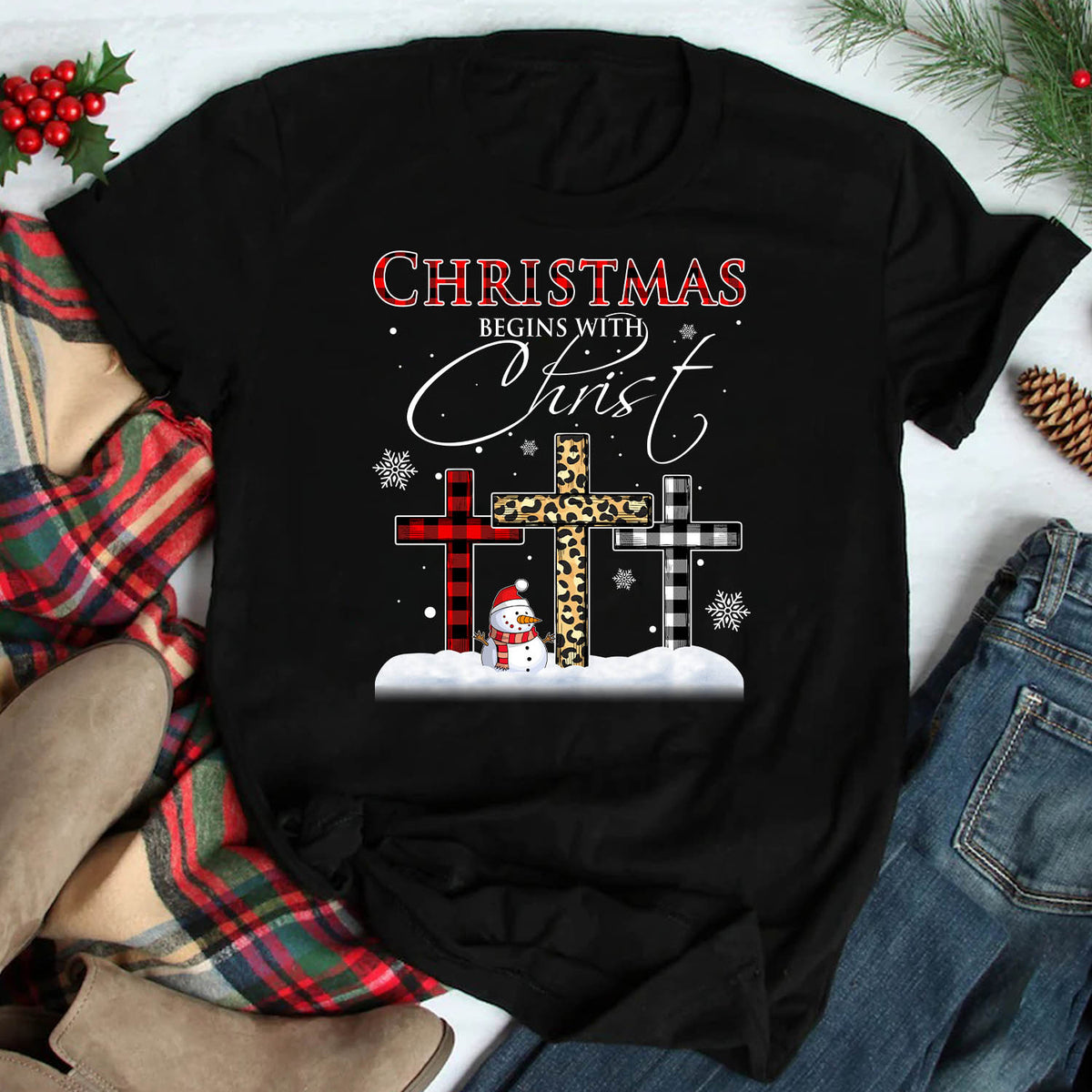 Cross, Snowman, Christmas begins with Christ - Jesus Black Apparel