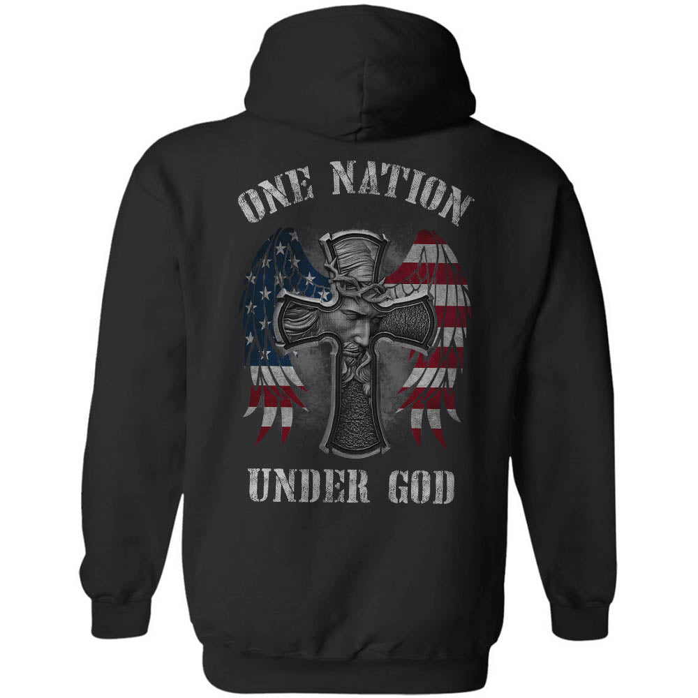 Jesus - Cross with U.S flag wing - One nation under God - Back-printed Black Apparel