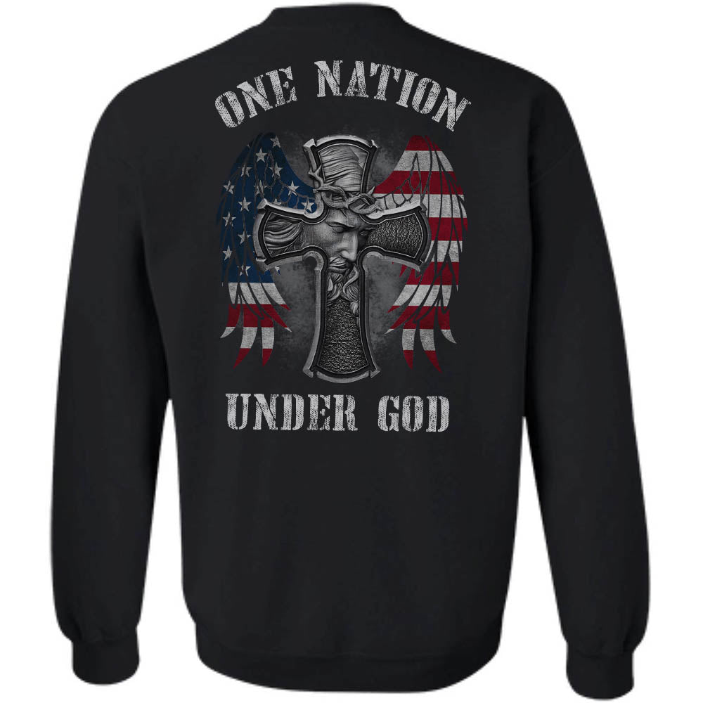 Jesus - Cross with U.S flag wing - One nation under God - Back-printed Black Apparel