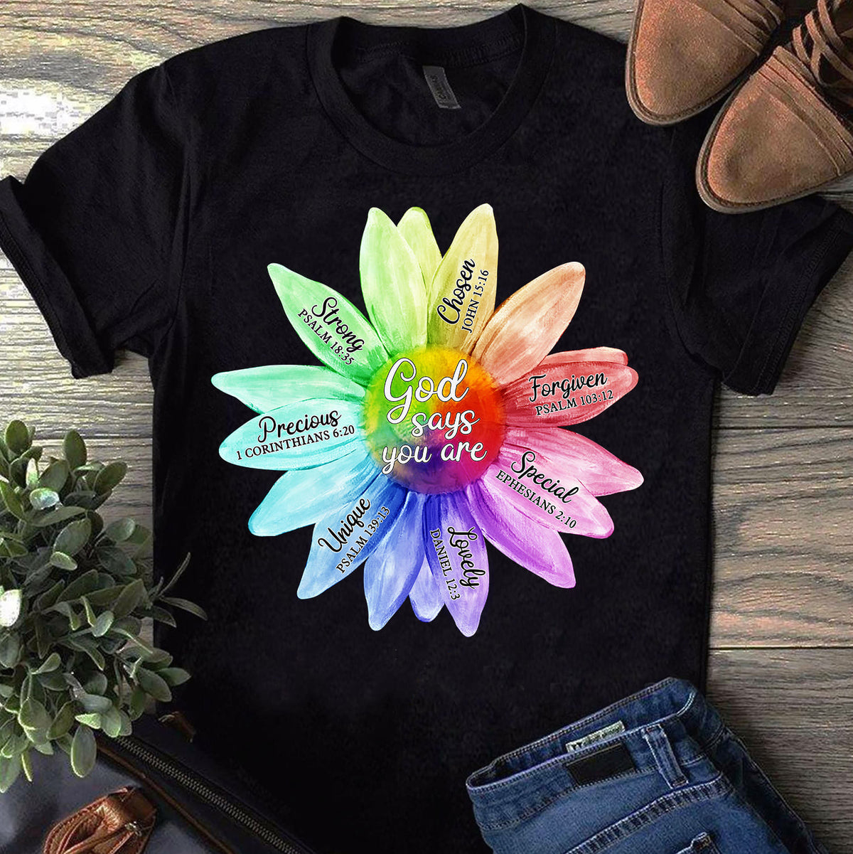 Jesus - Colorful sunflower - God says you are - Black Apparel