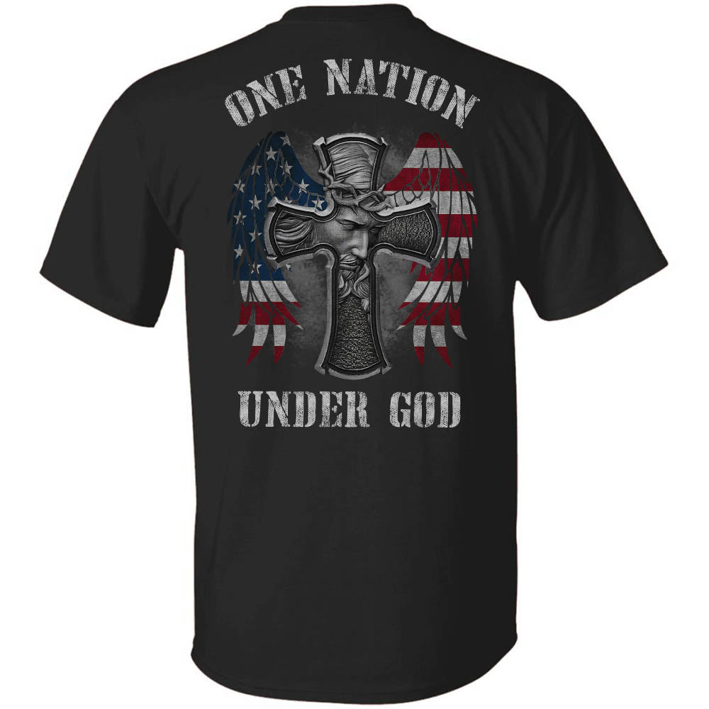Jesus - Cross with U.S flag wing - One nation under God - Back-printed Black Apparel