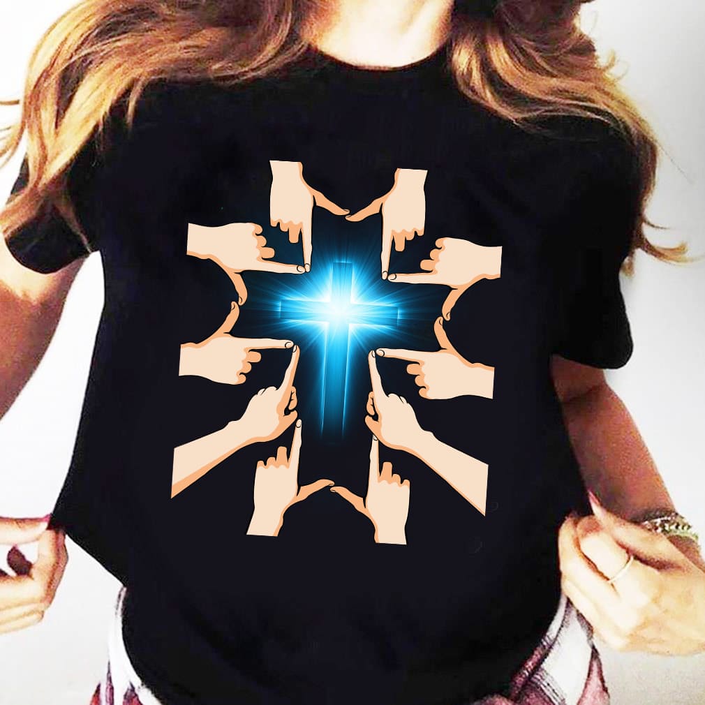 Hands forming a cross - Beautiful blue cross Jesus Black Apparel