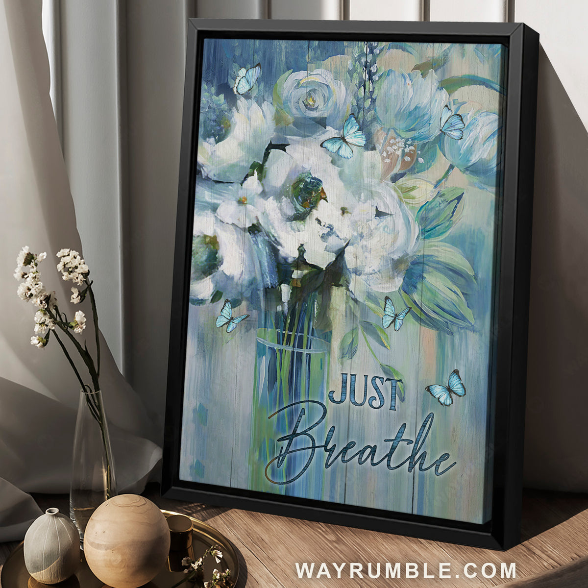 Blue butterfly, Gorgeous white flower, Glass vase, Just breathe - Jesus Portrait Canvas Prints, Home Decor Wall Art