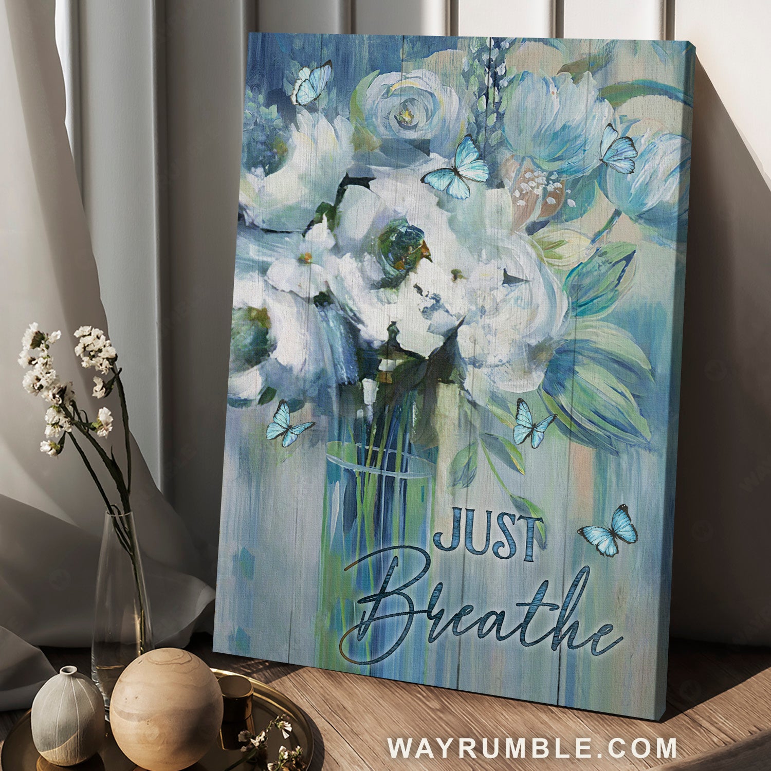 Blue butterfly, Gorgeous white flower, Glass vase, Just breathe - Jesus Portrait Canvas Prints, Home Decor Wall Art