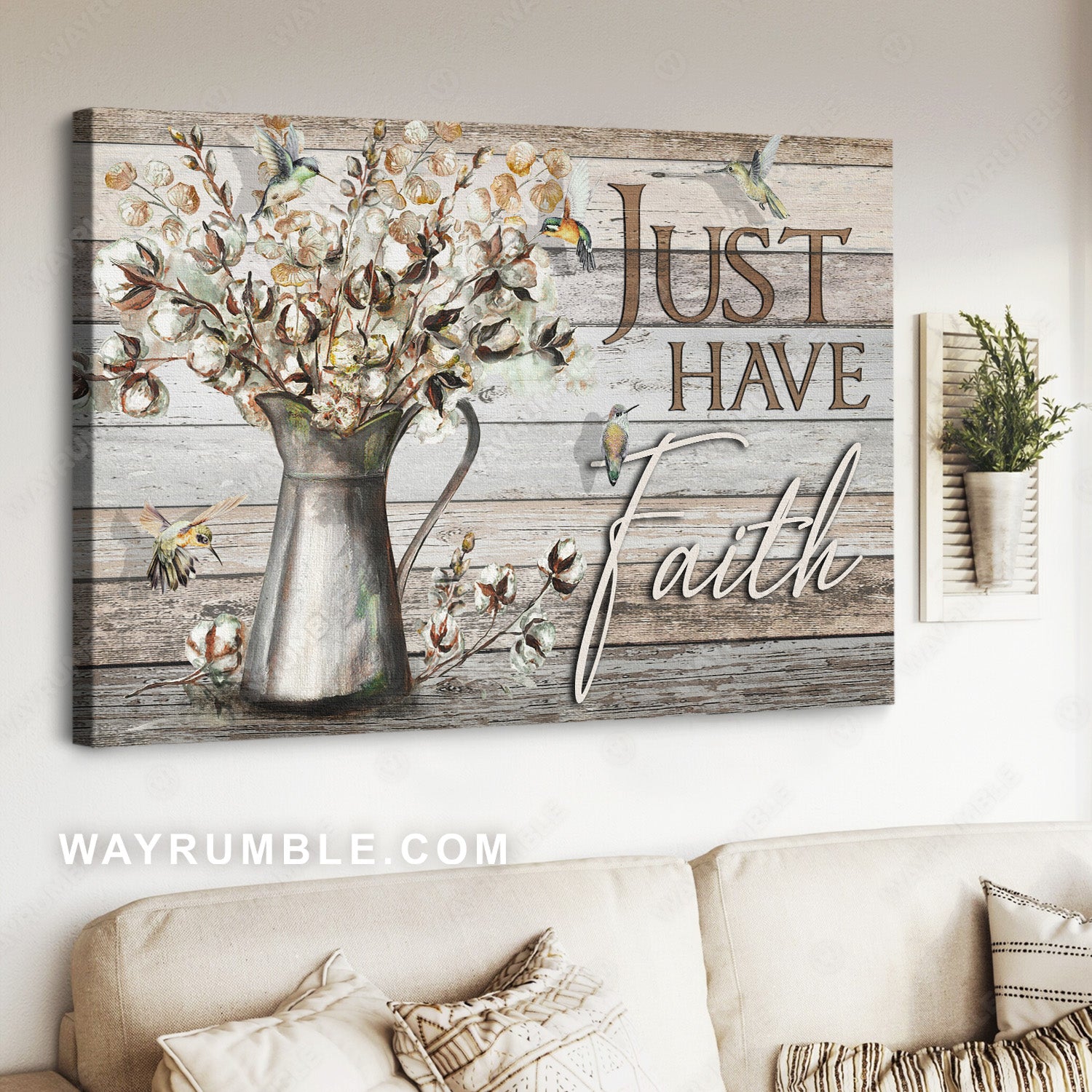 Cotton flower, Watercolor hummingbird, Flower vase, Just have faith - Jesus Landscape Canvas Prints, Home Decor Wall Art